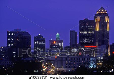 Stock Image - Des Moines Skyline at Night. Fotosearch