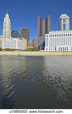 Stock Image - Scioto River and Columbus Ohio skyline in autumn. Fotosearch