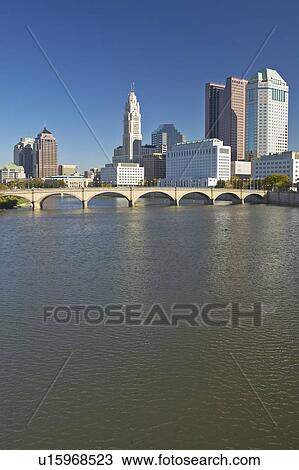 Stock Image - Scioto River and Columbus Ohio skyline. Fotosearch