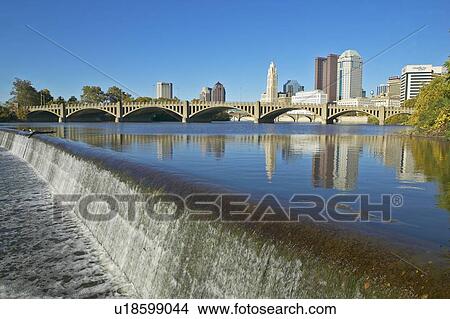 Picture - Scioto River with waterfall and Columbus Ohio skyline. Fotosearch