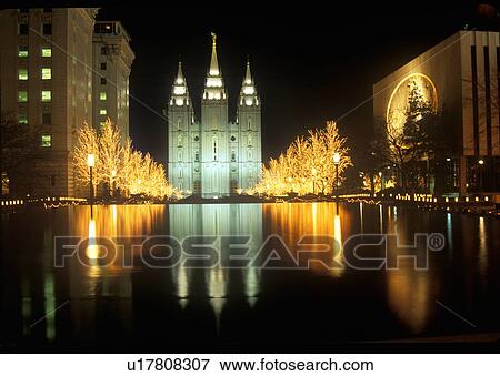 Stock Photo - Historic Temple and Square in Salt Lake City at night. Fotosearch