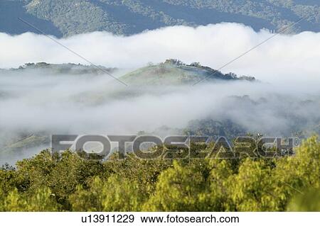 Stock Photo - Panoramic landscape with clouds over green spring hills of Southern California. Fotosearch