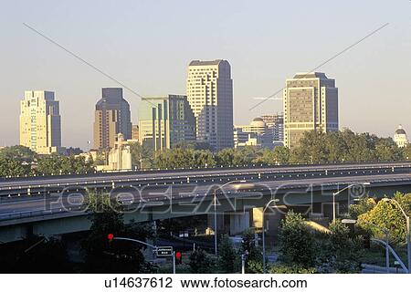 Stock Image - Sunset on the state capital, Sacramento. Fotosearch