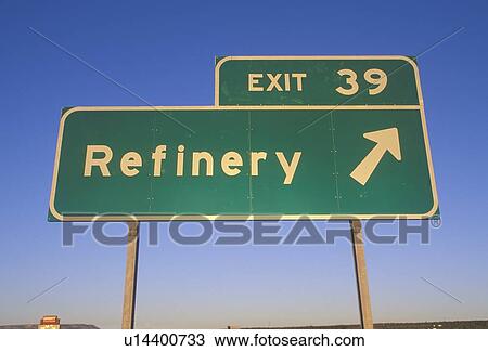 Stock Image - A sign that reads “Exit 39 - Refinery”. Fotosearch