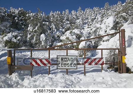 Stock Image - “Road Closed” sign after fresh snowfall. Fotosearch