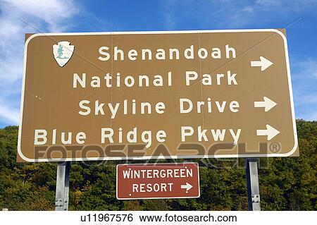 Stock Photograph - Shenandoah National Park Sign pointing to Skyline Drive Virginia. Fotosearch