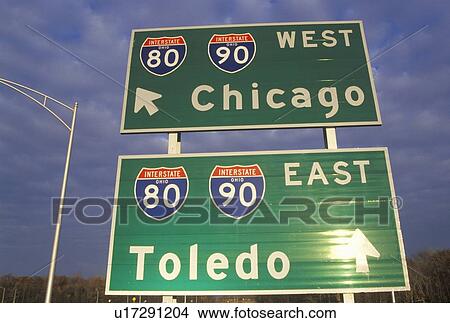 Two interstate signs for Chicago and Toledo View Large Photo Image Picture - Two interstate signs for Chicago and Toledo. Fotosearch