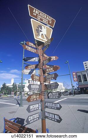 Stock Image - Miscellaneous distance signs in Anchorage, Alaska. Fotosearch