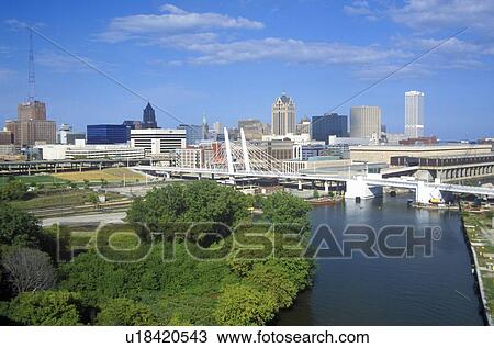 Stock Image - Milwaukee skyline with Menomonee River in foreground. Fotosearch