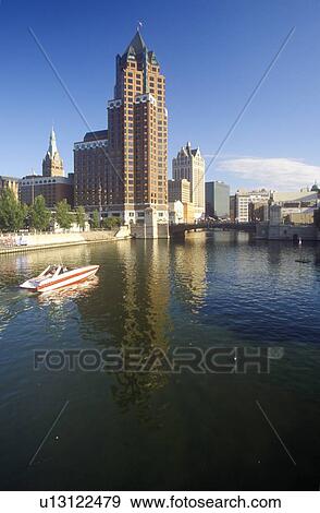 Milwaukee skyline with Menomonee River in foreground View Large Photo Image Stock Photo - Milwaukee skyline with Menomonee River in foreground. Fotosearch