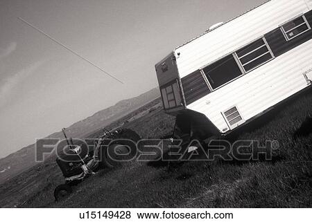 Stock Photo - A trailer and tractor in the California desert. Fotosearch
