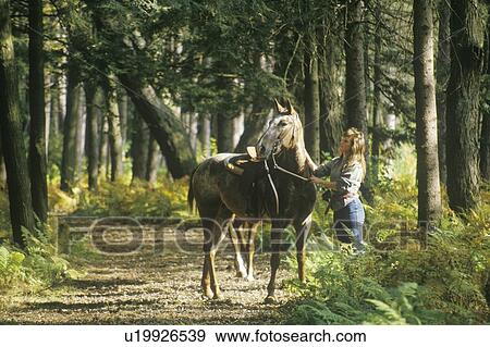 Girl walking horse on path, Autumn View Large Photo Image Stock Photo - Girl walking horse on path, Autumn. Fotosearch