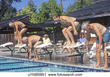 Stock Image - Senior Olympic Swimming competition, Men at starting gate. Fotosearch