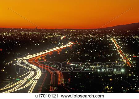 Stock Image - Harbor Freeway/Route 10 at sunset, Los Angeles. Fotosearch
