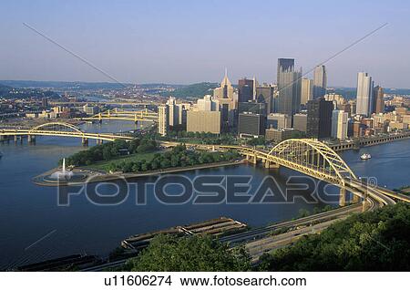 Picture - Liberty Bridge over Allegheny River at sunset with Pittsburgh skyline. Fotosearch