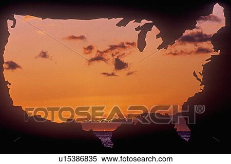 Stock Photography - Special effects: Outline of the United States mainland with sunset sky. Fotosearch