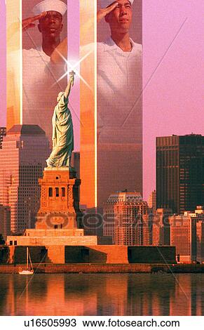Stock Image - Digital composite: New York skyline, American sailors, World Trade Center, Statue of Liberty. Fotosearch