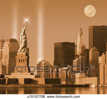 Digital composite: World Trade Center Light Memorial behind Statue of Liberty sepia toned View Large Photo Image Stock Photo - Digital composite: World Trade Center Light Memorial behind Statue of Liberty sepia toned. Fotosearch