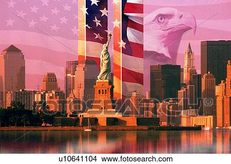 Photo montage: American flag and eagle, World Trade Center, Statue of Liberty View Large Photo Image Picture - Photo montage: American flag and eagle, World Trade Center, Statue of Liberty. Fotosearch