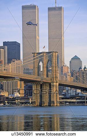 View of the World Trade Towers, Brooklyn Bridge with TV helicopter View Large Photo Image Stock Image - View of the World Trade Towers, Brooklyn Bridge with TV helicopter. Fotosearch
