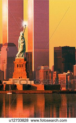 Stock Photo - World Trade Center behind Statue of Liberty. Fotosearch