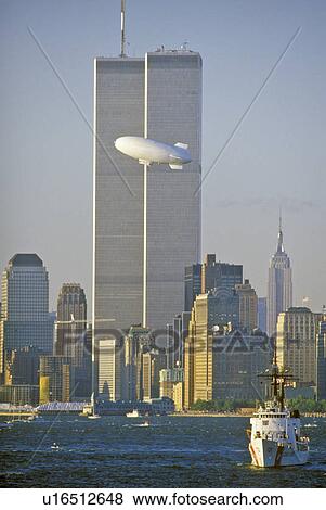 World Trade Towers with Blimp in foreground View Large Photo Image Stock Photo - World Trade Towers with Blimp in foreground. Fotosearch