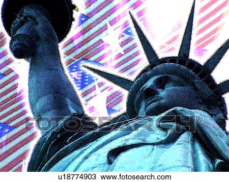 close up statue of liberty with flag background View Large Illustration Drawing - close up statue of liberty with flag background. Fotosearch