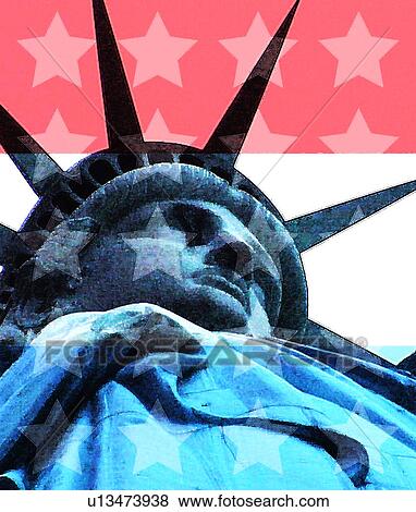 Stock Illustration - close up statue of liberty with flag background. Fotosearch