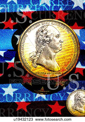 Drawing - coin with flag background. Fotosearch
