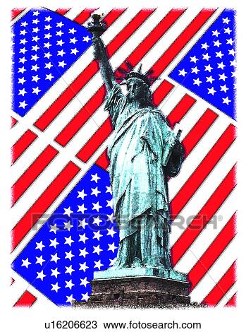 Drawing - statue of liberty with flag background. Fotosearch