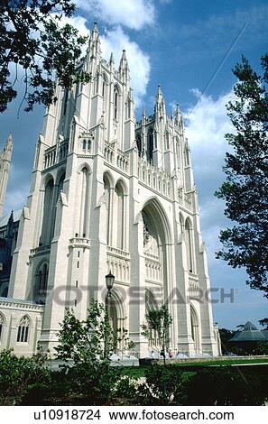 Picture - Front of National Cathedral with blue sky and clouds. Washington DC USA. Fotosearch