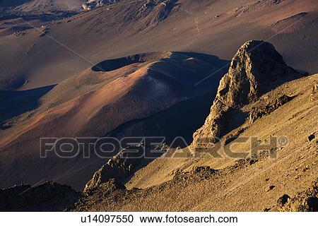 Stock Image - Aerial of dormant volcano with crater in Haleakala National Park, Maui, Hawaii.. Fotosearch