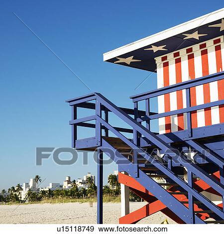 Lifeguard tower painted red, white and blue with stars and stripes on beach in Miami, Florida, USA. View Large Photo Image Stock Photo - Lifeguard tower painted red, white and blue with stars and stripes on beach in Miami, Florida, USA.. Fotosearch