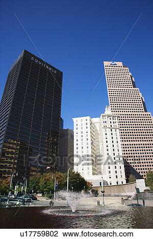 Stock Image - Tall buildings with water fountain in downtown Atlanta, Georgia.. Fotosearch