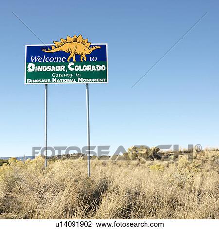 Stock Image - Welcome sign for city of Dinosaur, Colorado, USA.. Fotosearch