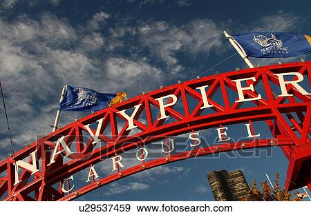 Stock Photo - Entrance of an amusement park at Navy Pier in Chicago. Fotosearch