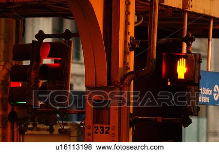 Stock Photo - Traffic lights at CTA Station in Chicago. Fotosearch