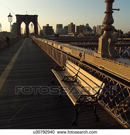 Stock Image - Bench on the Brooklyn Bridge, New York City. Fotosearch