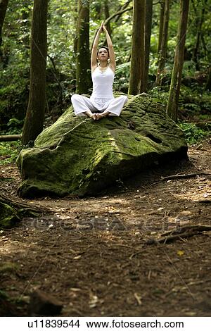 Picture - View of a young woman exercising in a forest.. Fotosearch
