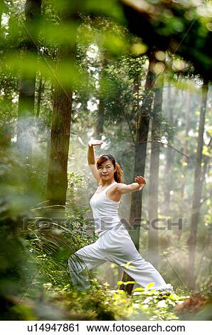 View of a young woman exercising in a forest. View Large Photo Image Stock Image - View of a young woman exercising in a forest.. Fotosearch