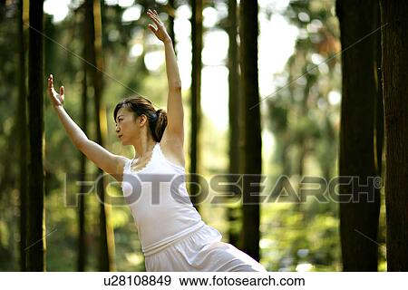 View of a young woman exercising in a forest. View Large Photo Image Stock Photo - View of a young woman exercising in a forest.. Fotosearch