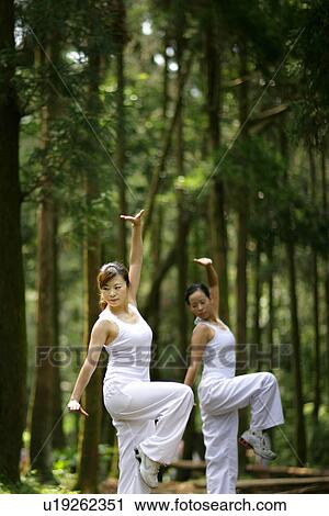 View of women exercising in a forest. View Large Photo Image Stock Image - View of women exercising in a forest.. Fotosearch