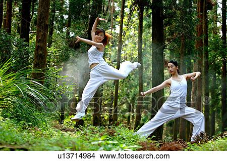 View of young women exercising in a forest. View Large Photo Image Picture - View of young women exercising in a forest.. Fotosearch