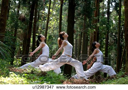 Stock Photo - View of young women exercising in a forest.. Fotosearch