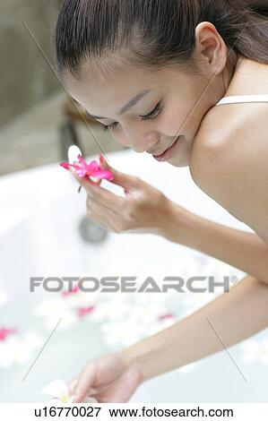 View of a young woman holding a flower. View Large Photo Image Stock Photo - View of a young woman holding a flower.. Fotosearch