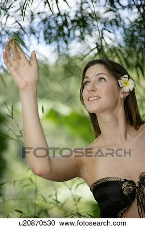 Stock Image - A woman touching the leaves.. Fotosearch