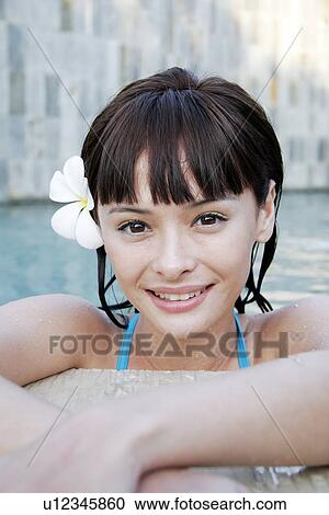Stock Image - Close-up of a teenage girl in a swimming pool.. Fotosearch