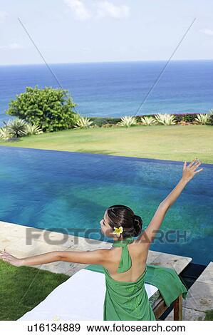 Stock Photo - View of a teenage girl with raised hands.. Fotosearch