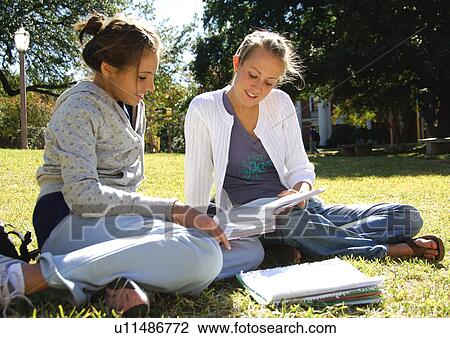 View of two young women reading a book on a lawn. View Large Photo Image Stock Image - View of two young women reading a book on a lawn.. Fotosearch
