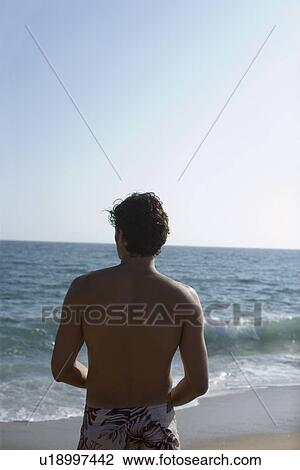 Stock Image - Young adult man looking at the ocean, Rear View, Differential Focus, Copy Space. Fotosearch